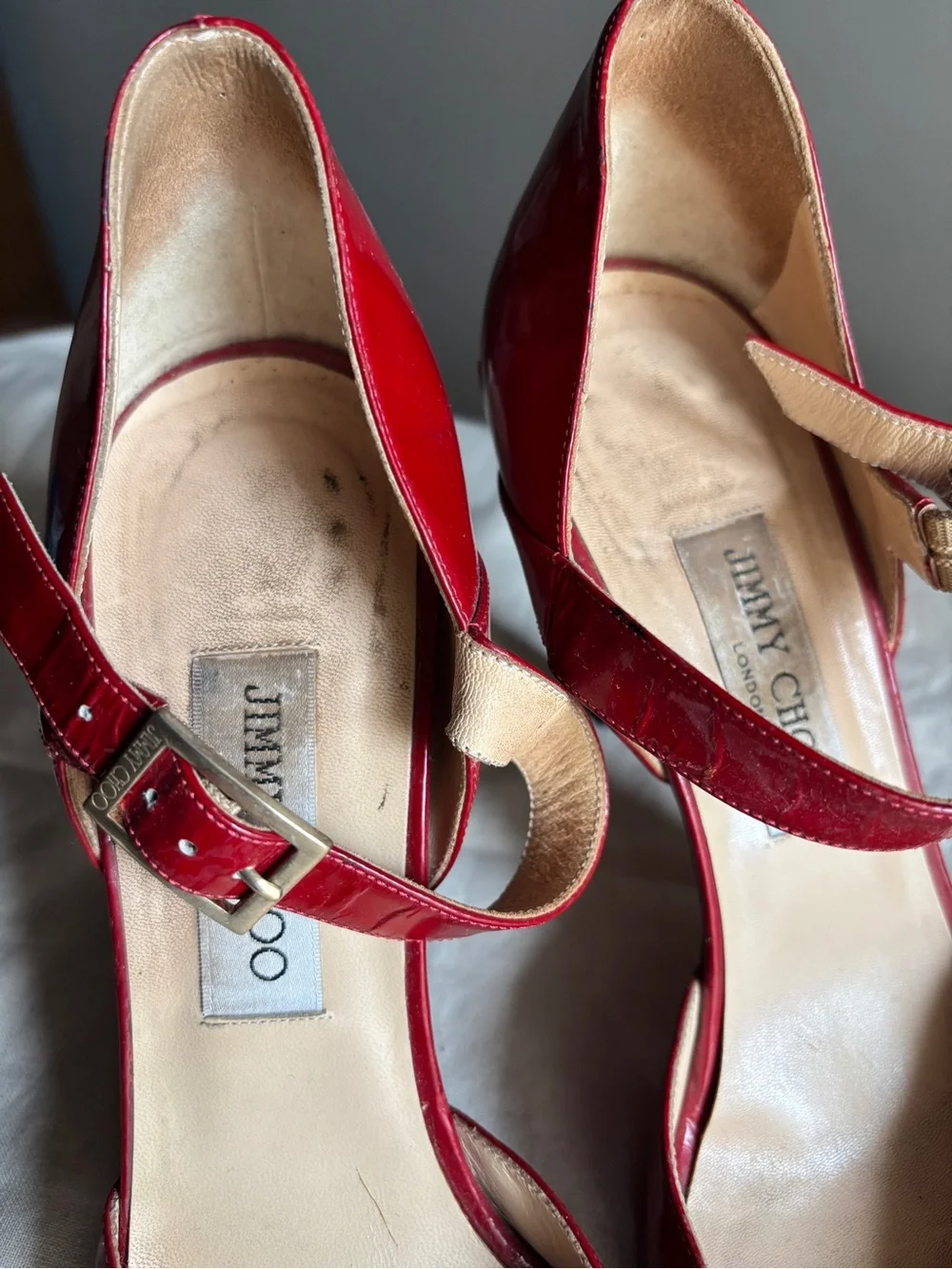 Jimmy Choo Peep Toe Stiletto Heels Red Patent Leather Mary Jane EU 41 US 10